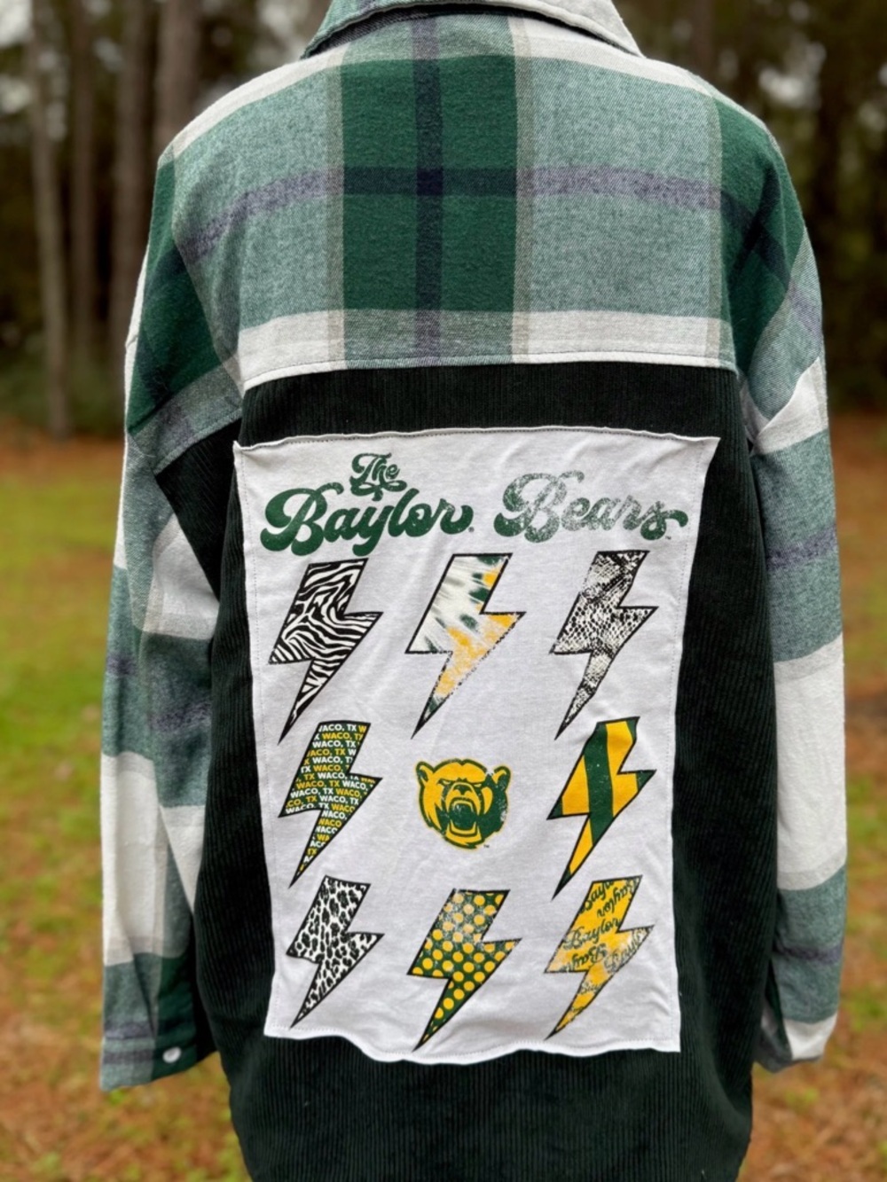 Upcycled Baylor Bears Graphic Flannel Jacket - Green/White